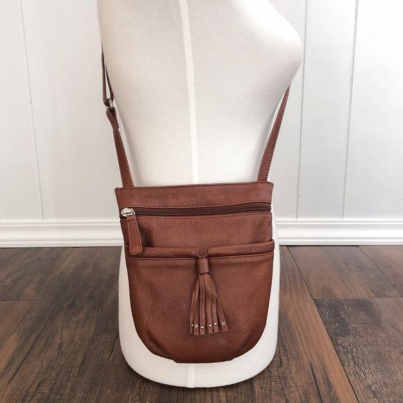 Osgoode Marley Crossbody Bag Leather Fringe Detail Exterior Zipper Pockets Brown - Picture 16 of 16